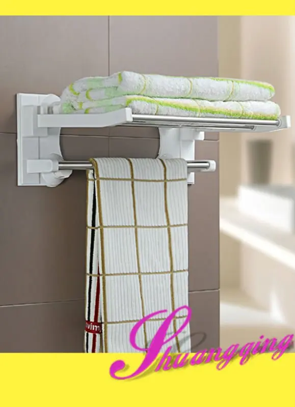 40CM Multi-function  Suction Cup Bathroom Shelf  Folded Towel Bar Holder with  Hooks Wall Mounted