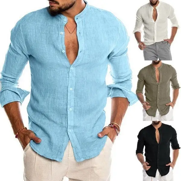 

2021 new arrive Autumn And Winter V-Neck Linen New Cardigan Stand-Up Collar Long-Sleeved Men's Shirts Mens Clothing, Picture shown