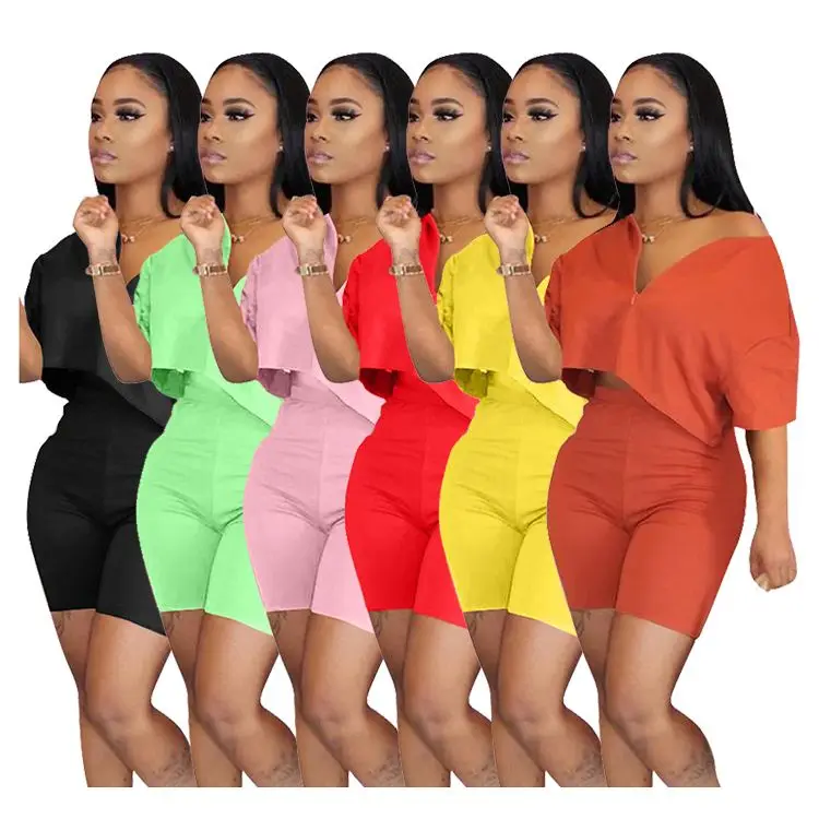 

2021 Casual Lady Clothing Solid Color 2 Pieces Short Sets Zipper Short Sleeve Elegant Womens Two Piece Plus Size Sets, Solid black/blue/pink/womens plus size sets