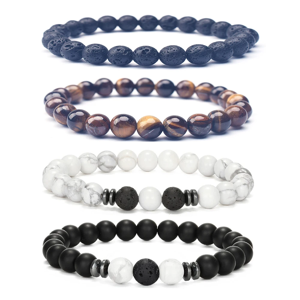 8MM Tiger Eye Natural Stone Beads Bracelet Set Stretch Lava Rock Bracelets Black Crystal Beaded Bracelet for Men Women Gifts
