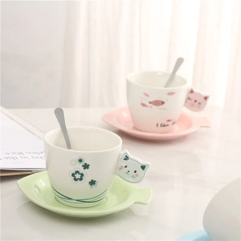 

New creative cat and fish ceramic coffee cup and saucer set, As picture