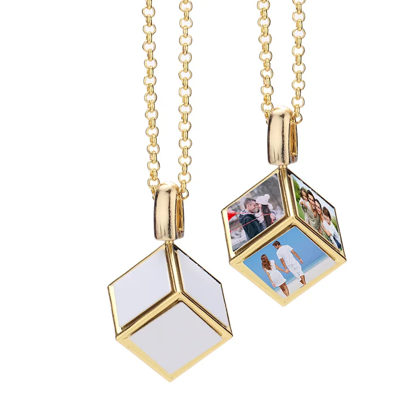 

New Arrival DIY 3D Cube Photo Frame Necklace Sublimation Dice Cube Necklace with 6 Inserts necklace diy photo for couple