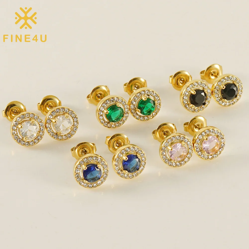 

Luxury Women Trendy Cz Jewelry Round Green Cubic Zirconia 18K Gold Plated Stainless Steel Stud Earrings