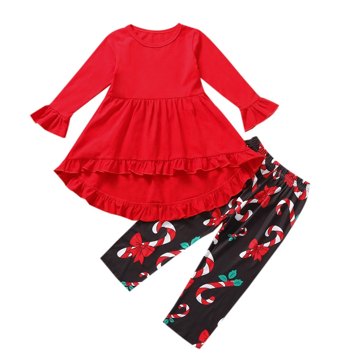 

2021 new xmas kids high low dress pant outfit girl toddler clothes sets cotton printed childrens christmas clothing