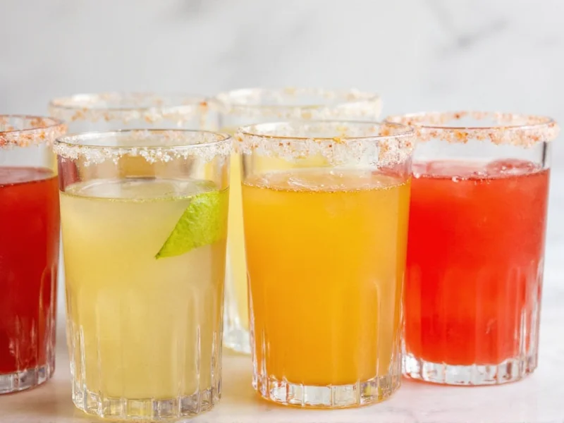 Colorful margarita variations in glasses with salt rims