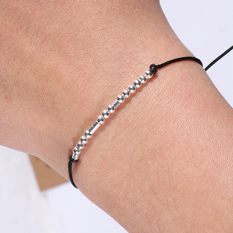 

Morse Code Beads Charm Statement Rope String Bracelets Gift for Her Adjustable Chain, Silver