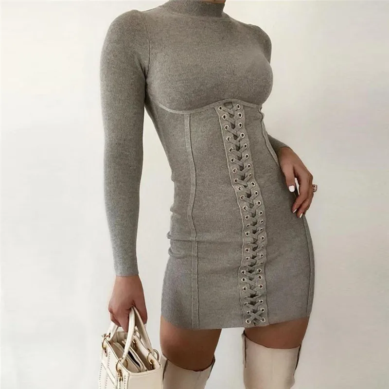 

Autumn and winter round neck long sleeve strap slim dress ladies bodycon dresses sexy women