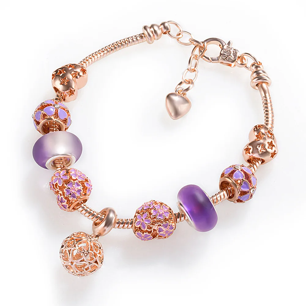 

VRIUA New Fashion Purple Beads Flower Ball Hollow Star Heart Charm Bracelets Bangles For Women Bohemian Rose Gold Bracelet