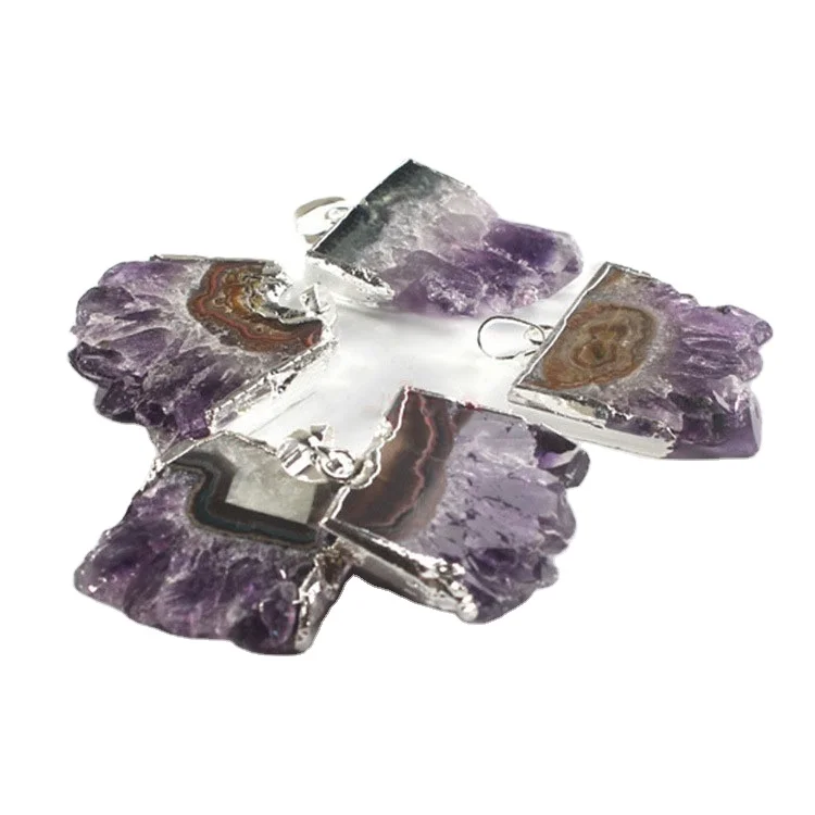 

Wholesale Natural Amethyst Tufted Stone Pendant With Silver-Plated Edge Crystal Tufted Agate Crystal Pendant