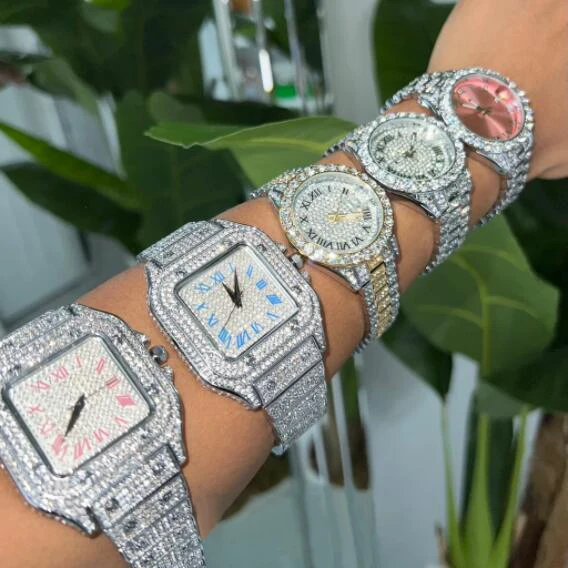 

2022 Fashion Jewelry Hip Hop Diamond Watches Bling Iced Out Mens Womens Quartz Watches Luxury Pink Dial Watch for Women Men
