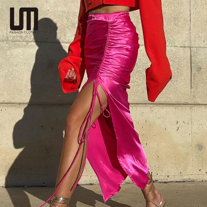 

Liu Ming Fall Winter Fashion Women Y2K Streetwear Sexy Drawstring Lace Up Ruched High Waist Satin Slit Midi Skirt