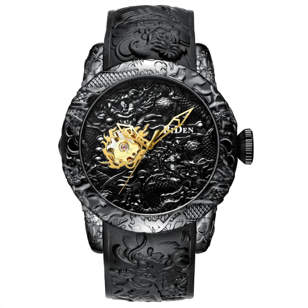 

BIDEN Fashion Gold Dragon Sculpture Men Watch Automatic Mechanical Watch Waterproof Silicone Strap Wristwatch Relojes Hombre