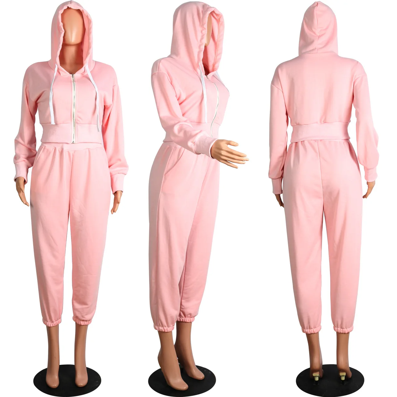 2023 Women Fall Zipper Hooded Top Sweat Suit Solid Sport Hoodie Pants ...