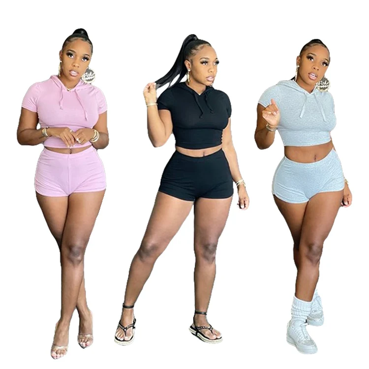 

Wholesale New Fashion Women 2 Piece Outfits Slim Fit Crop top Hoodie Short Sleeve Workout Short Sets for women, Black,gray,pink
