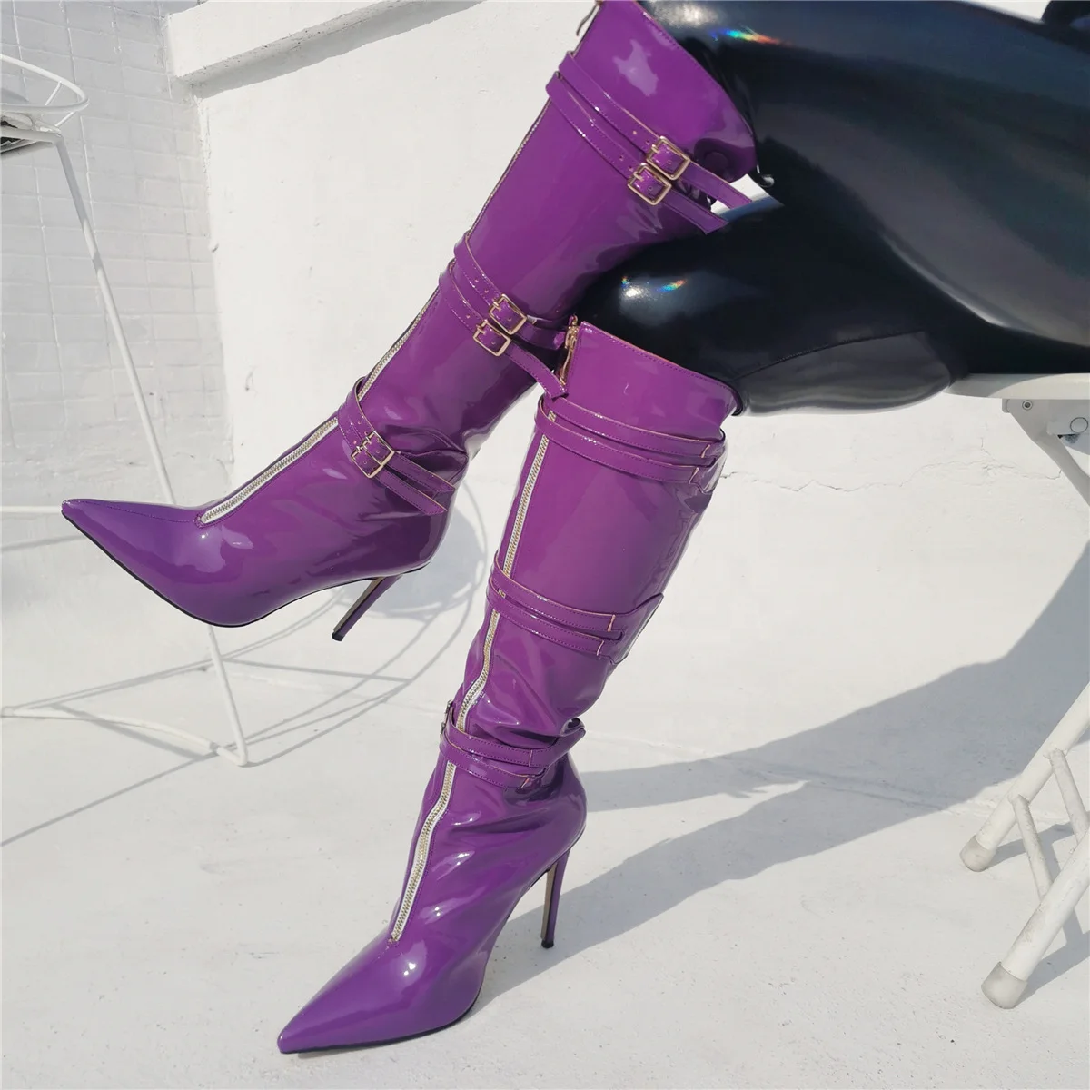 

Big Size 47 Purple Women Pointed Toe Under The Knee Summer Boots Front Zipper With Three Buckles Thin High Heel Boots for Women