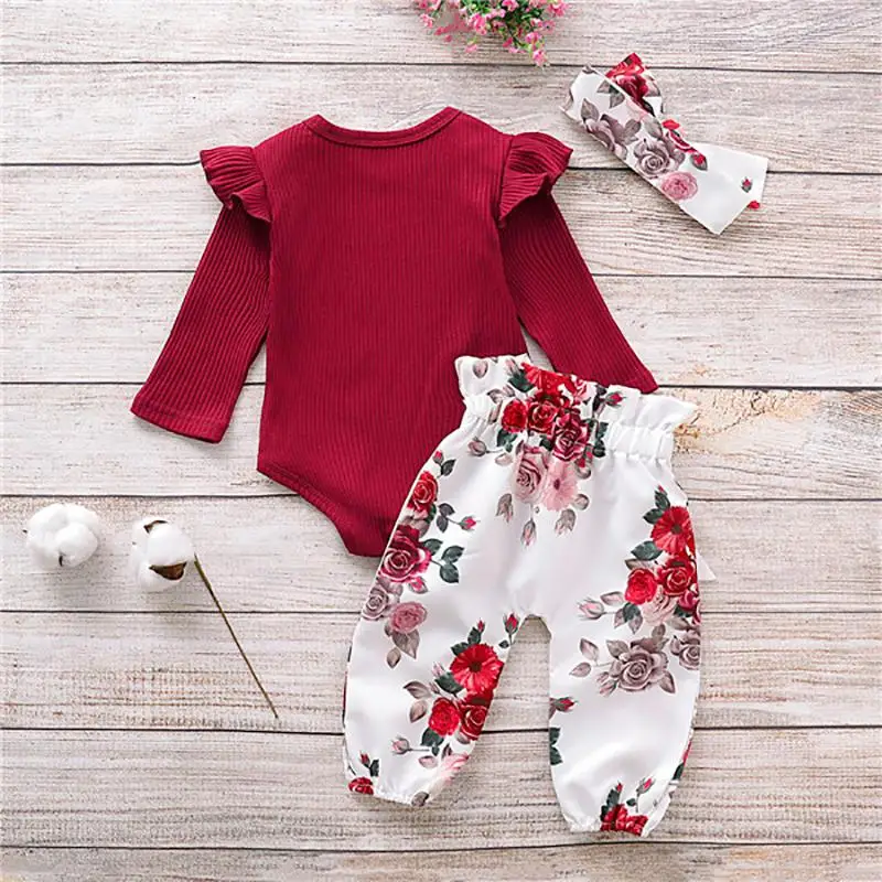 

Burgundy Ribbing Long Sleeve Knitted Rompers Floral Loose Pants Newborn Baby Girl 3pcs Clothing Set