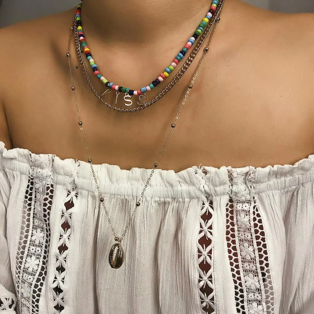 

Ethnic chain accessories with colorful beads and shell pendant multi-layer Kiss charm necklace