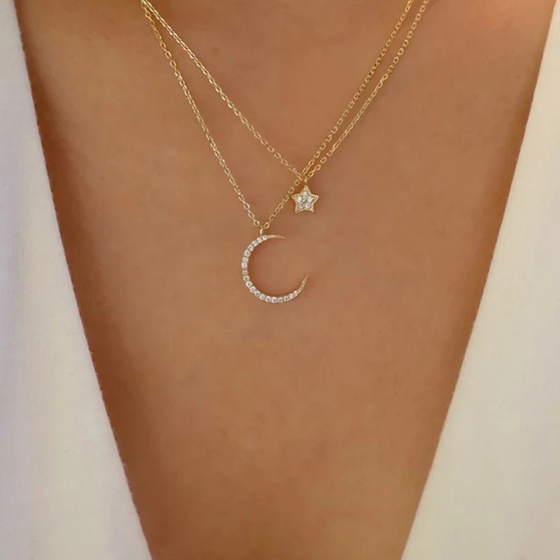 

Women Fashion Two Layers Gold Plated Chain Zircon Moon and Star Pendant Necklace Necklaces Alloy 1pc/opp Bag Link Chain 6 Pcs