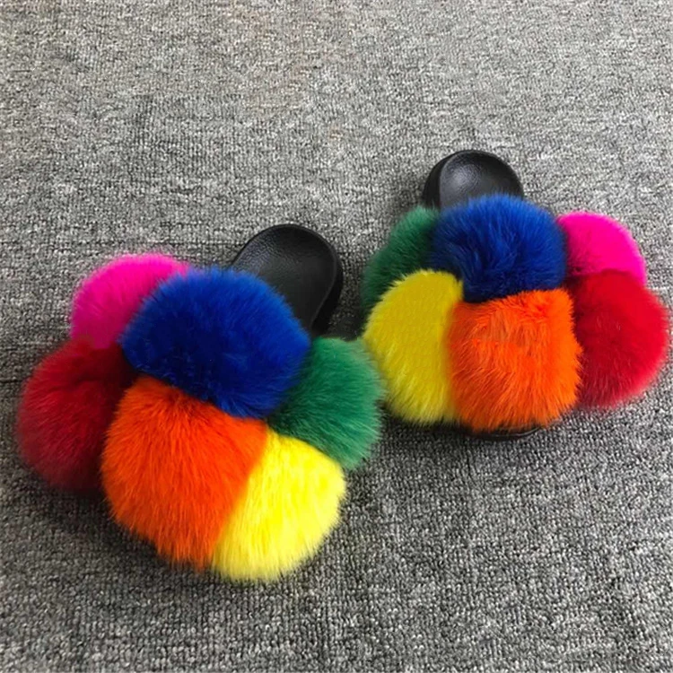 

Fashion Cheap Ladies Colorful Slippers Womens Full Fluffy Racoon Fox Fur Sandals Slides Women, Color matching
