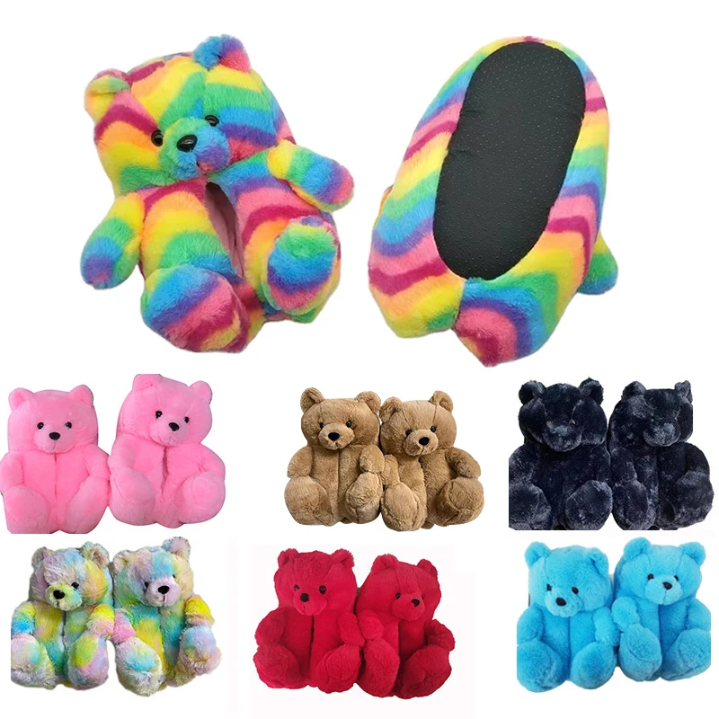 

2021 hot sale plush slipper animals home footwear custom bedroom animal bear house slippers teddy bear slipper, Black, blue, colorful, red, pink, brown