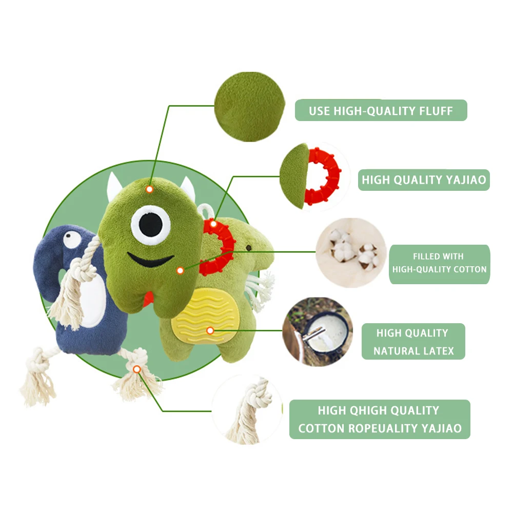 

Drop Shipping 2021 Interactive Dog Training Monster Doll Squeaky Plush Cotton Plush With Rope Dog Draft Chewing Pet Toys, Picture showed