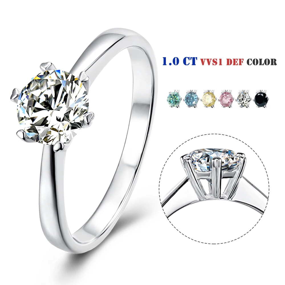 

Drop Shipping Women's Ring 6-Claw Setting1ct Round Moissanite Solitaire Silver 925 Jewelry Moissanite Engagement Rings