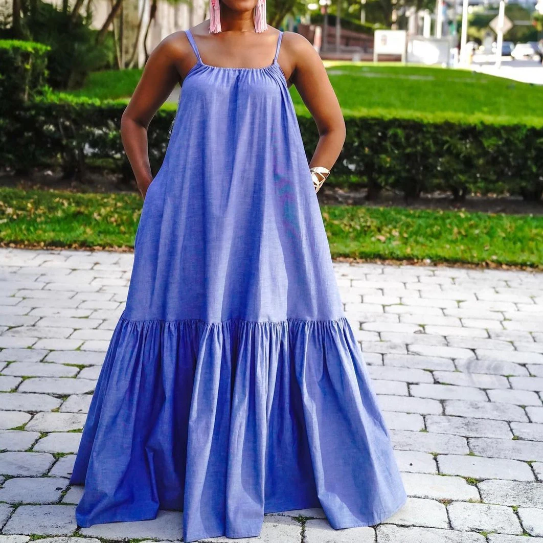 

FS2586D women fashion loose sleeveless spaghetti strap long maxi dress