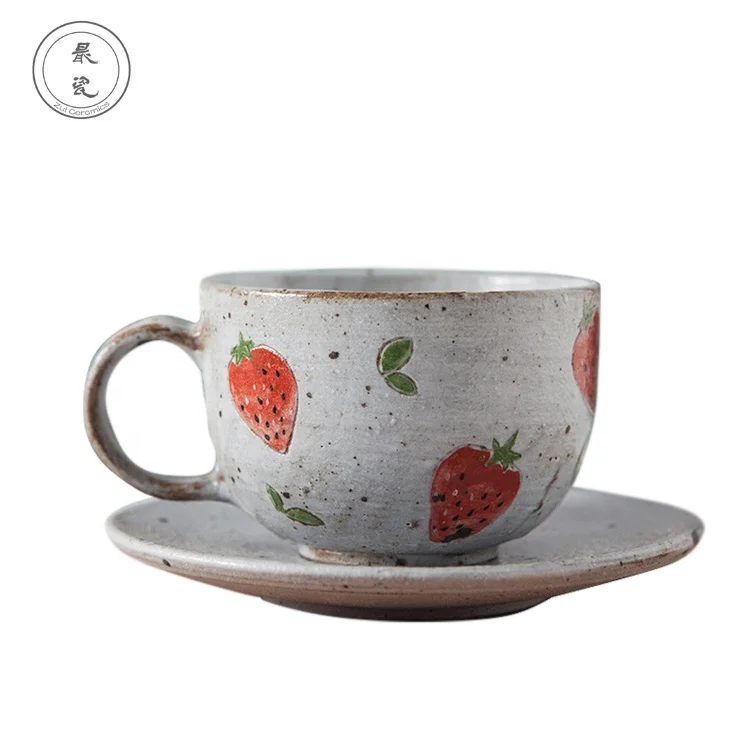 

CUSTOM Handmade creative pottery hand paint strawberry coffee cup with tray, White+colour