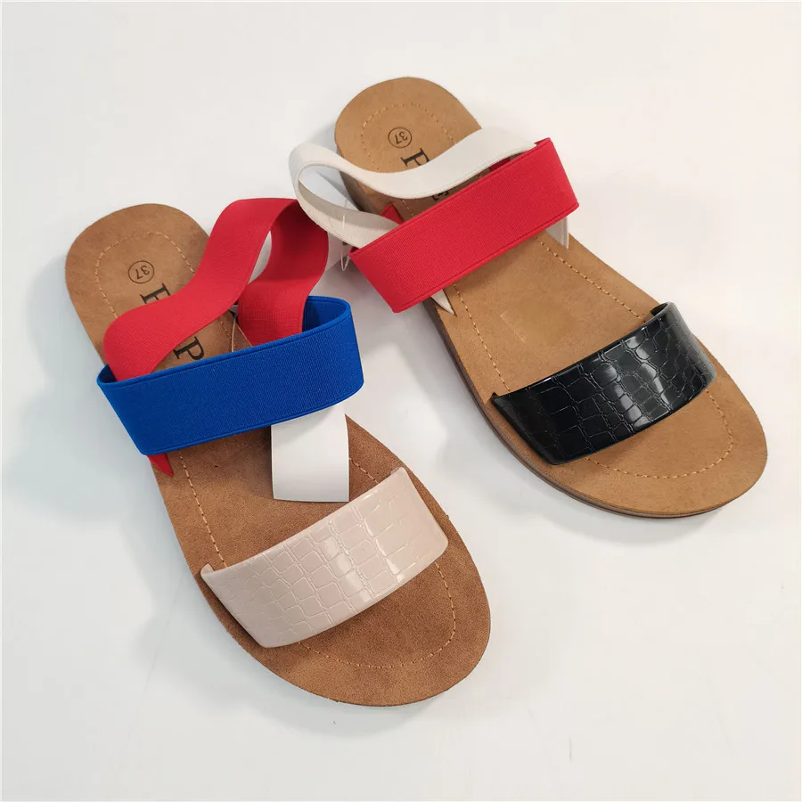 

PDEP 2022 Summer Hot Selling In Stock Fancy Sandals Contrasting Color Stretching Upper Ladies Flat Sandals