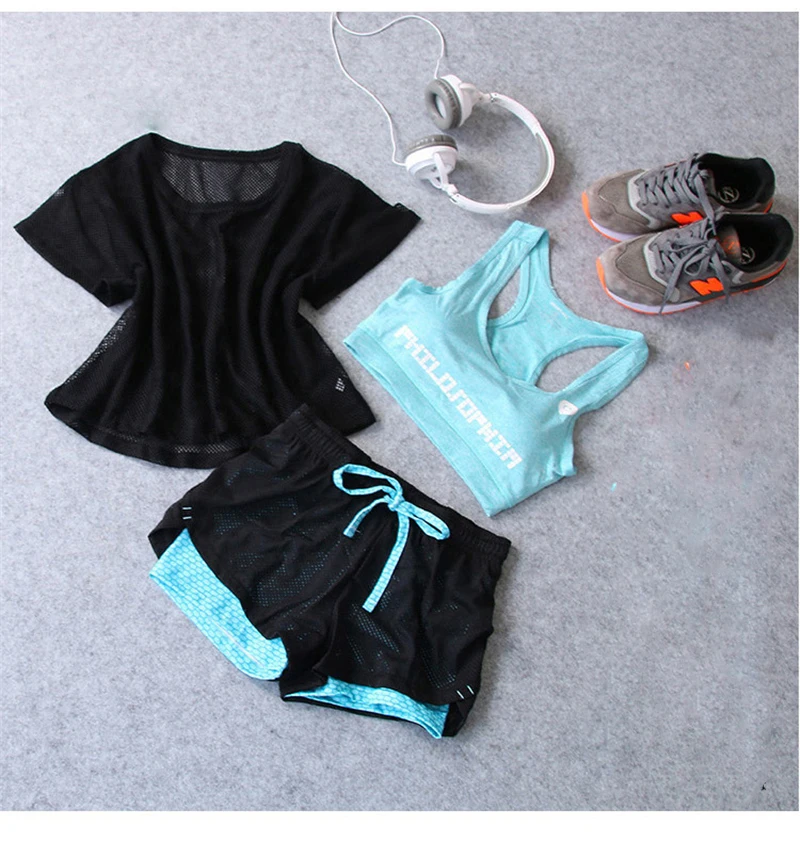 Sport Wear Three Piece Yoga Set Sport Shirt for Women Sports bra Fitness Flare Pants Leggings Tracksuit Gym Leggings