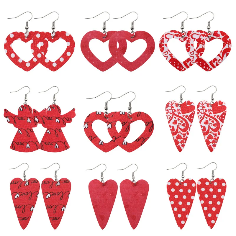

handmade cute print dangle drop earrings fashion girls angel heart leather earrings for women christmas party jewelry wholesale
