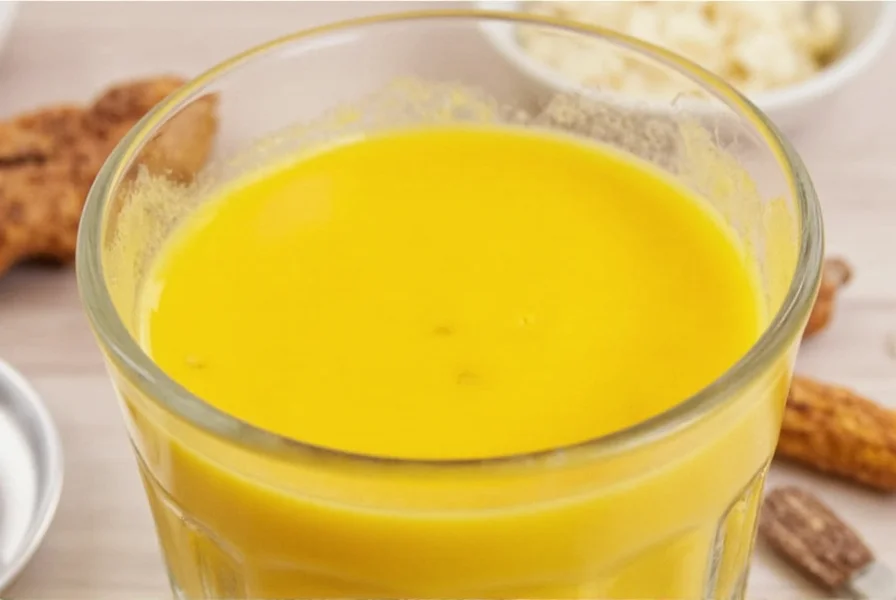 Golden turmeric milk in a ceramic mug with spices arranged beside it
