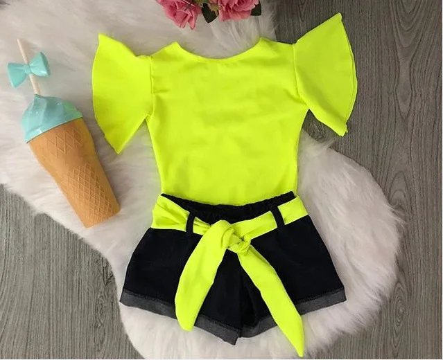 

2020 Summer Kids Girl Clothing Fly Sleeve Toddler Girl Clothes Backless Tops +Lace-Up Denim Shorts Solid Outtfits Set