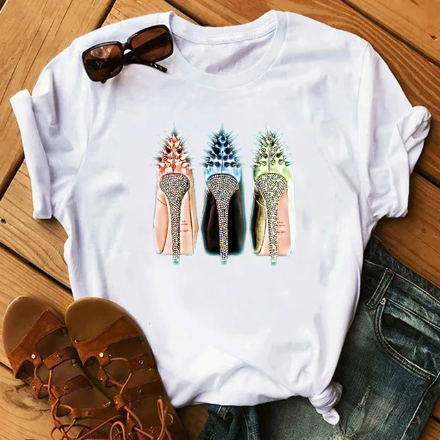 

Hot Top T-shirt Fashion High Heels Printed Short-Sleeved T-shirt