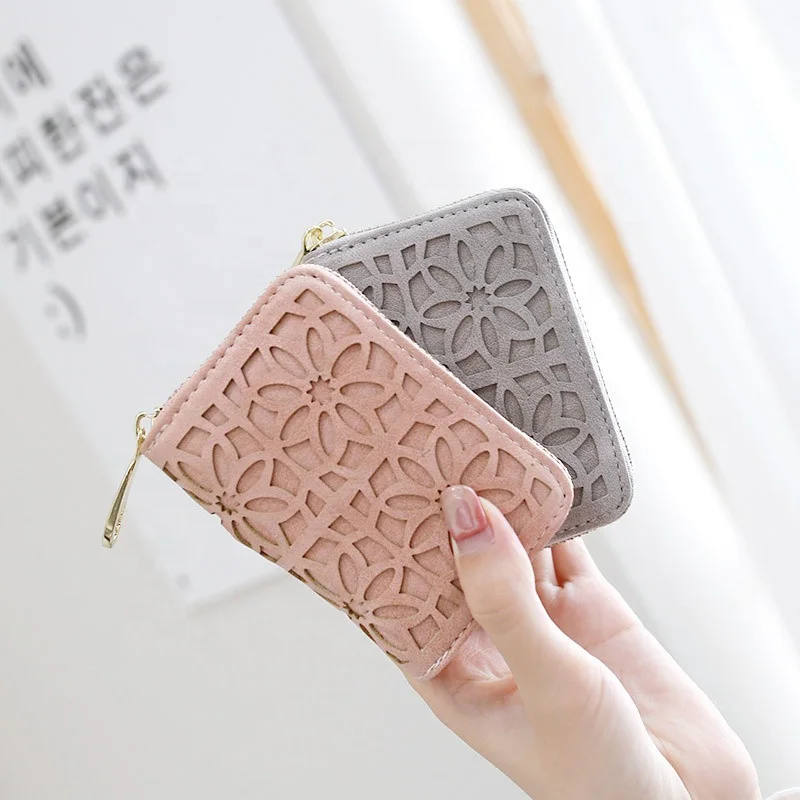 

2021 Mini Luxury Wallet Ladies Hollow Out Flower Pu Leather Purse Wallets Zipper Short Multi Card Holder Woman Wallet