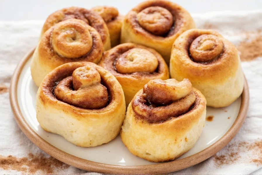 Perfectly baked cinnamon rolls on ceramic plate with cream cheese icing