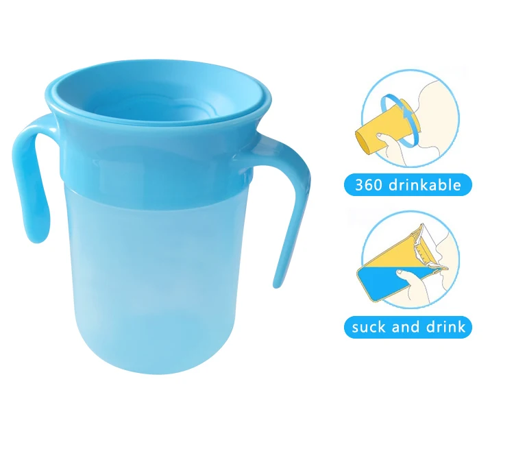 

360 Magic Babies Feeder Feeding Supplies Baby Water Bottles Sippy Training Cup With Handle, Blue, yellow