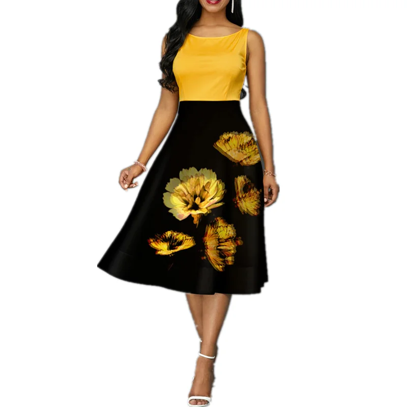 

Summer High Waist Sleeveless Floral Printed Patchwork Round Neck Midi Slim Formal Ladies Swing Dresses