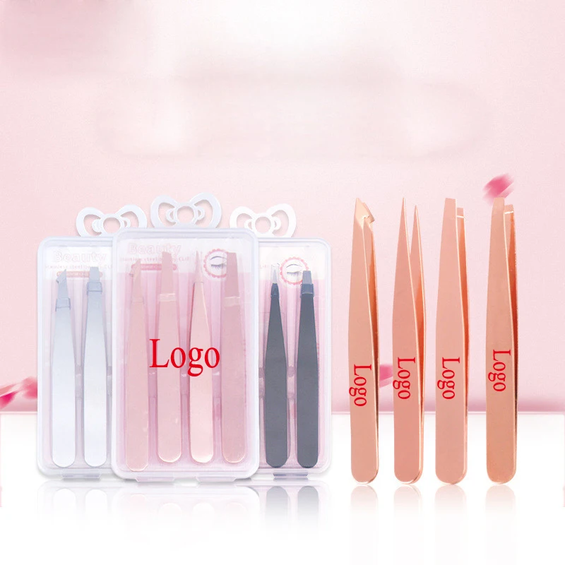 

MP042 Custom Logo 4pcs Stainless Steel Eyelash Tweezers Eyebrow Tweezers Eyelash Clip Makeup Kit with Box