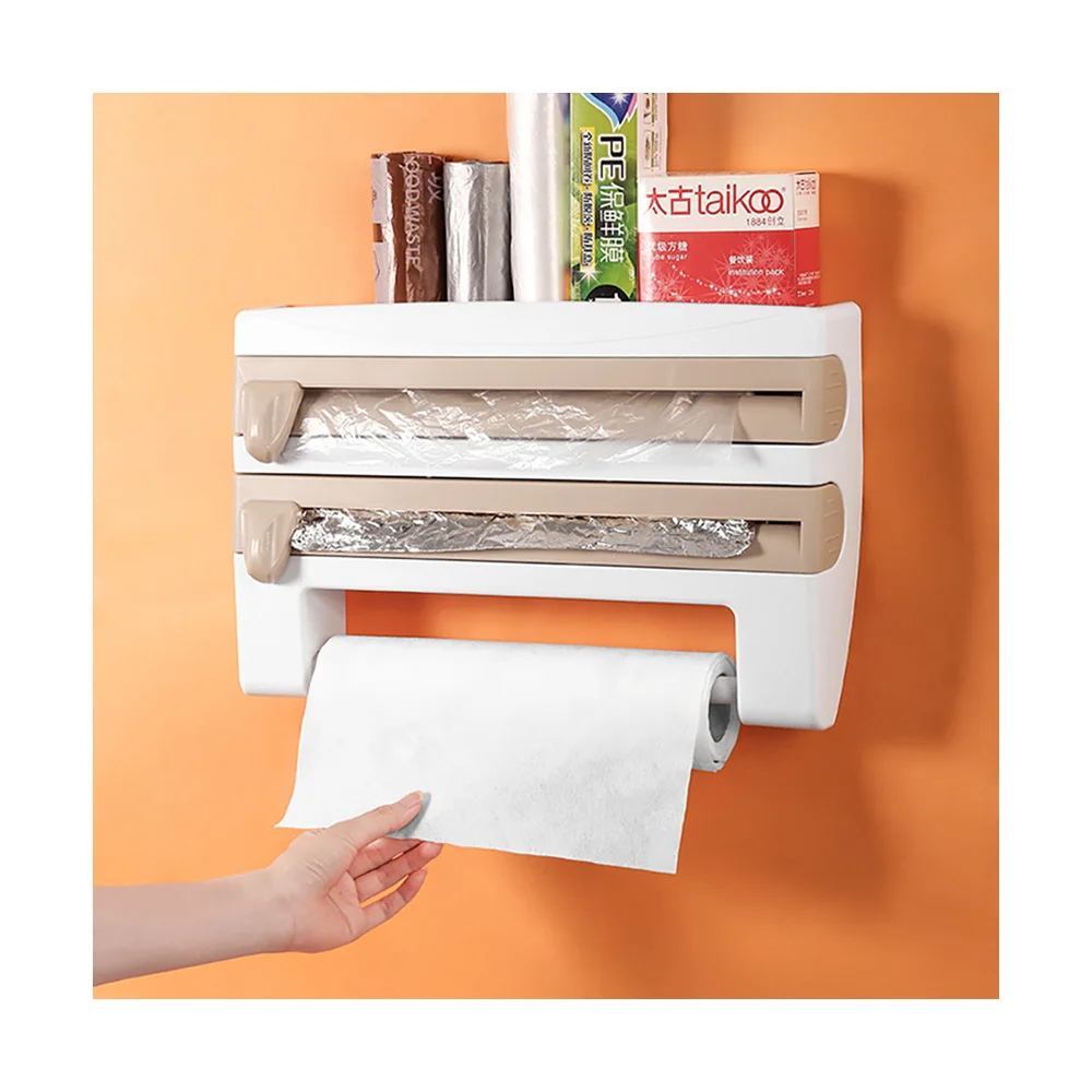 

JX- Kitchen Four-in-one Wall-Mounted Paper Towel & Cling Film Rack Multi-Function Paper Towel Foil and Plastic Wrap Dispenser, As picture