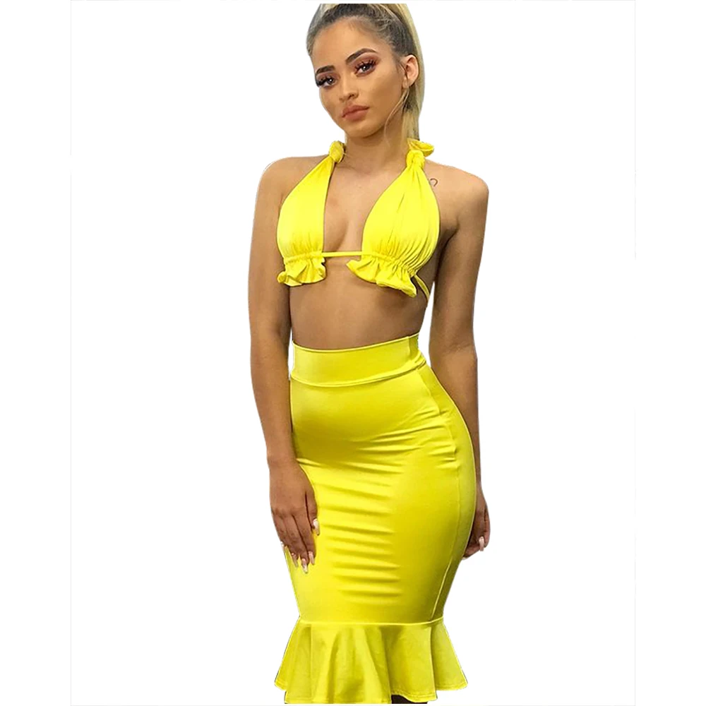 

9793 Wholesale Fashion Ladies 2 Piece Sets Woman neon clothing Ruffles Design Elegant Party Wear Tops Fashionable Sets