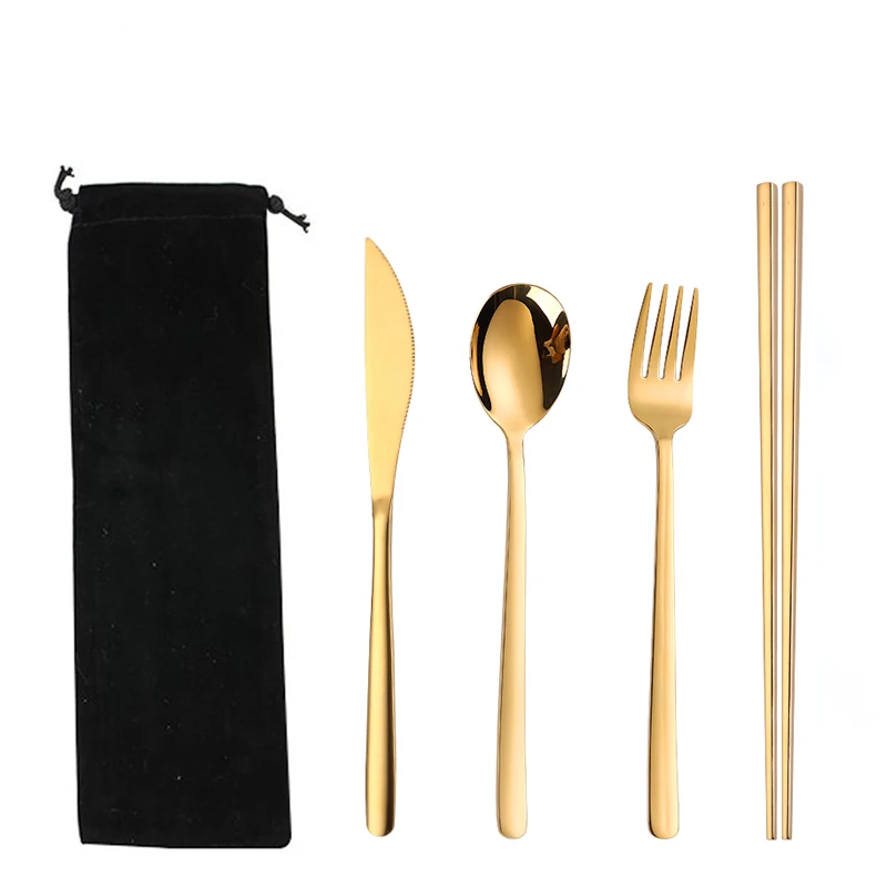 

Korean Style Portable Stainless Steel 304 Flatware Spoon Fork Knife Chopsticks Travel Cutlery Set, Gold/rose gold/black/rainbow/silver