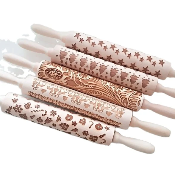 

Wholesale Christmas Flower Snowflake Pattern Rolling Pin Christmas Beech Wooden Embossing Baking Rolling Pin Kitchen Rolling Pin