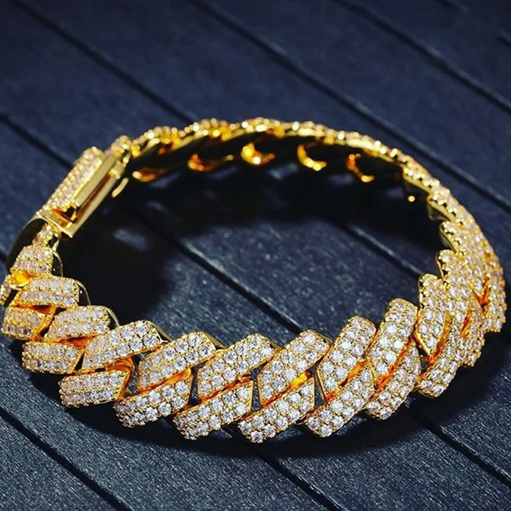 

CZ Silver Gold Cuban Chain Hip Hop 14K Cuban Link Chain Diamond Bracelet Men Women, Gold/silver/rose gold/mixed color