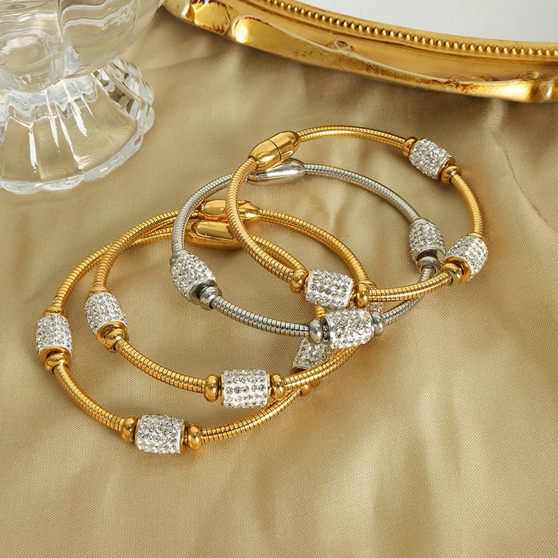 

Elegant Design Stainless Steel Snake Bone Bracelet Diamond Ring Metal Beads Gold Bracelet