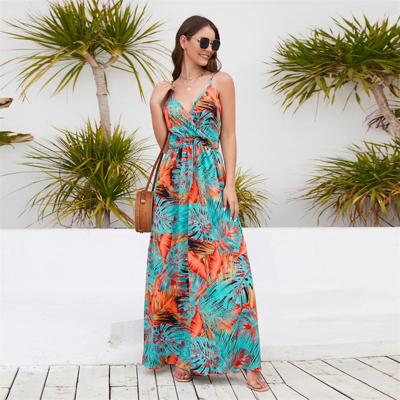 

Latest design floral elegant beach bohemian ladies dresses v neck long women maxi casual dress