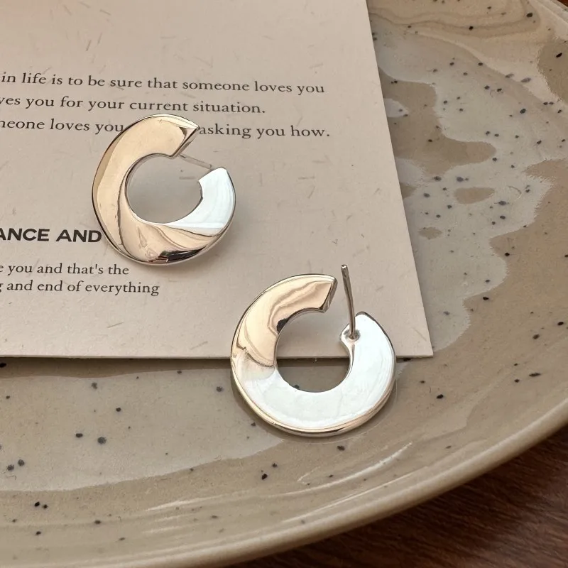 925 Sterling Silver Geometric Smooth Round Shape Stud Earrings for Women Korean Style Jewelry