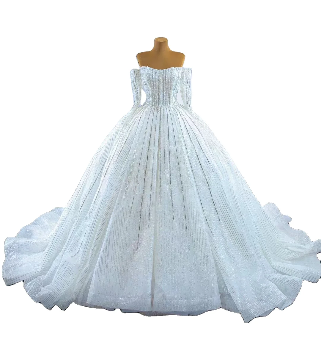 

Women fashion dress wholesale pear bead Ivory Ball gown long sleeves ball bridal dress luxury heavy pear bead wedding dress, Custom made