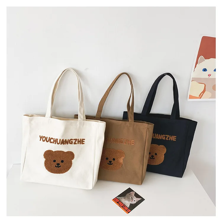

Korean Ins Canvas Bags Retro Handbag Women Cartoon Bear Tote Canvas Bag Gift Shopping Shoulder Bag, Customized color