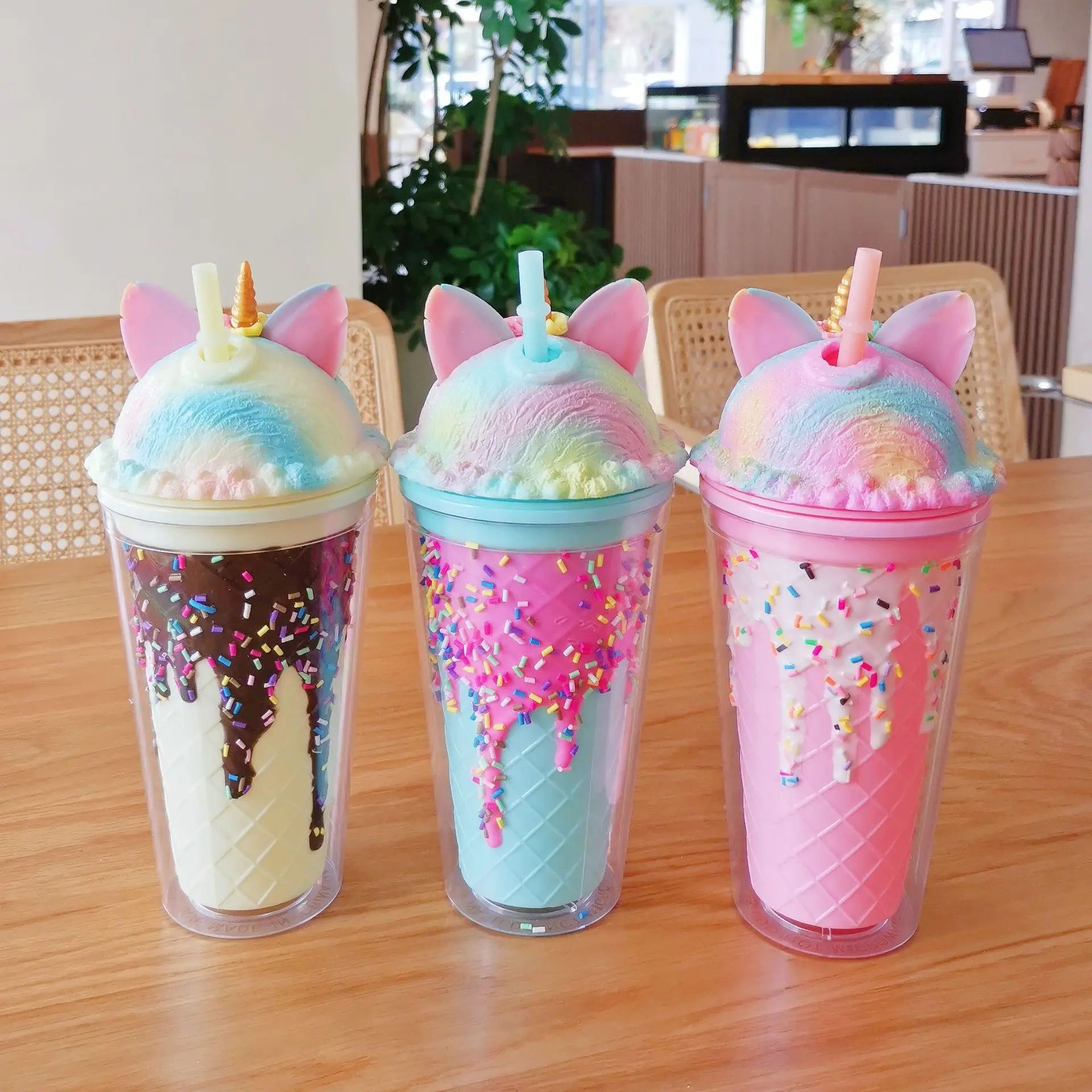 

C363 Fashion Double Layer Tumbler Cups Creative Cartoon Unicorn Ice Cup Portable Summer Ice Cream Water Bottle With Straw